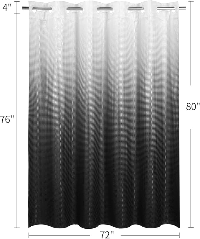 MitoVilla Black Ombre Long Shower Curtain Liner Set 72 x 80, No Hooks Needed 80 inch Long Heavyweight Waffle Fabric Shower Curtain Set with Snap-in Liner for Hotel Grade Spa-Like Bathroom Decor
