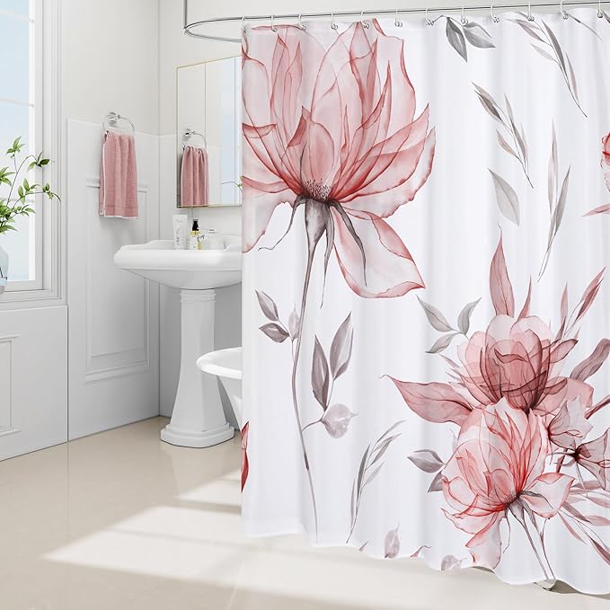 Red and Grey Boho Watercolor Floral Shower Curtain, Ink Painting Style Blossom & Leaf Shower Curtains for Chic Elegant Bathroom, Artistic Fabric Cloth Flower Shower Curtain, 72x72