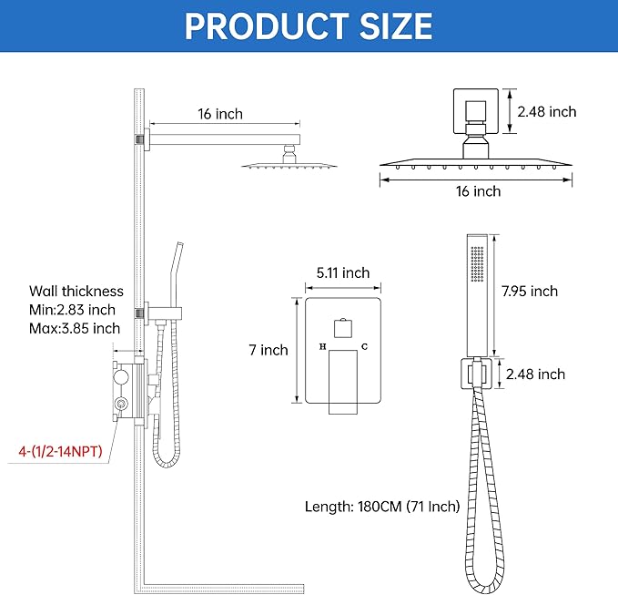 16 Inch Luxury Rain Shower Faucet Set, Matte Black Shower System with Rainfall Shower Head and Handheld Spray, SUS304 Stainless Steel and Solid Brass Wall Mounted Shower Valve Trim Kit