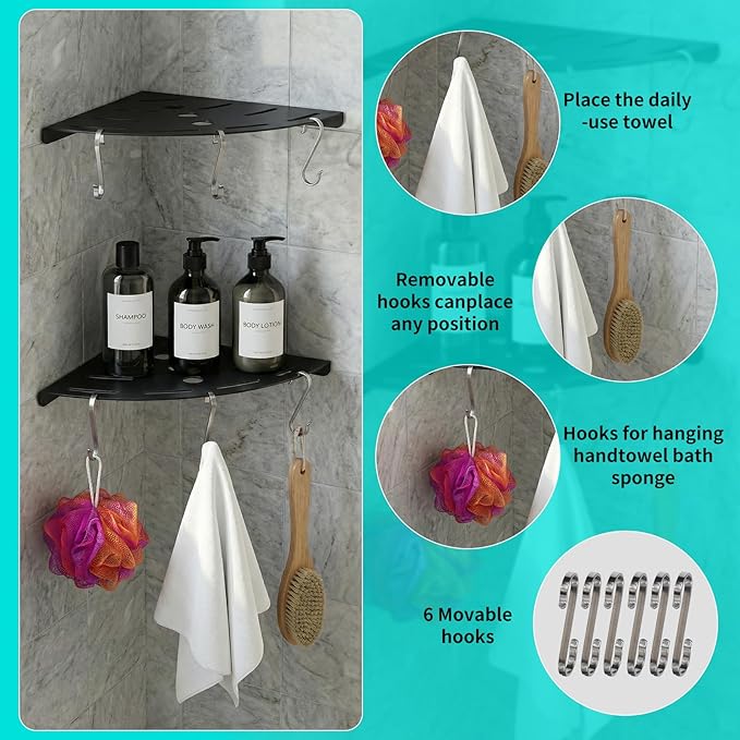 XIHLZYEH Corner Shower Shelves, 2 Pack 304 Stainless Steel Shower Shelf with 6 Hooks 40 lbs Heavy Duty, Rustproof Wall Mounted Organizer for Bathroom Drilling Installation(Black)