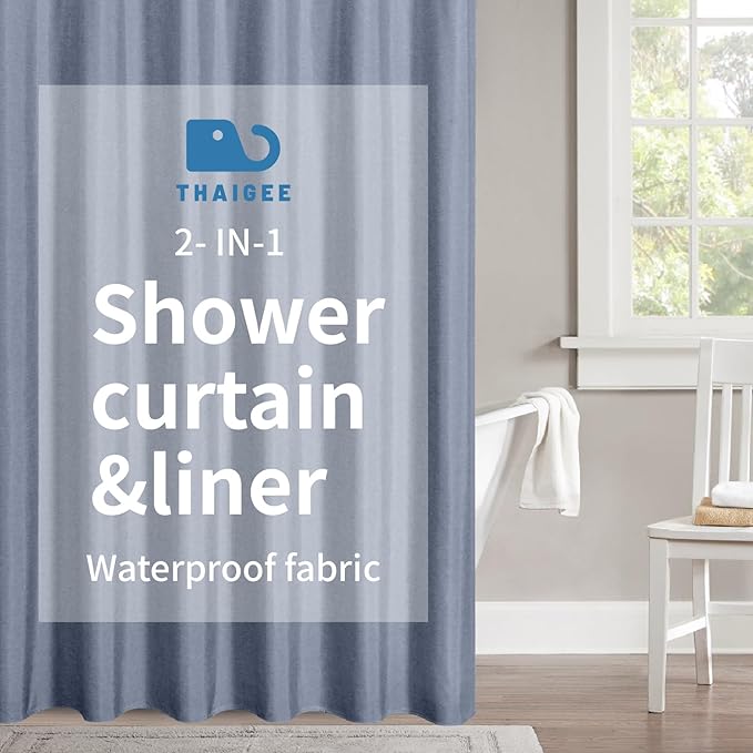 2-in-1 Waterproof Fabric Shower Curtain or Liner,Linen Textured,Breathable TPU & Washable Bathroom Shower Curtain Set with 12 Plastic Hooks,Modern,72"x72" Blue Gray