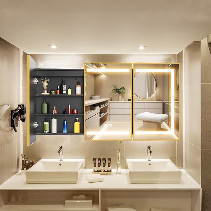 APRILSOUL 60X32 Inch Gold Bathroom Medicine Cabinet with Mirror, Recessed or Surface Lighted Medicine Cabinet with 3 Colors Temperature, Dimmable Light