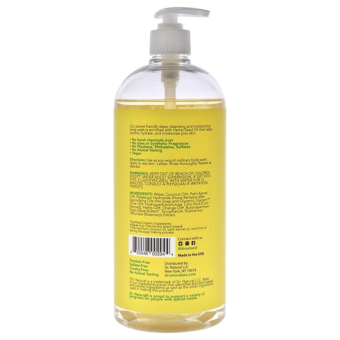 Dr. Natural Hemp Body Wash, Citrus, 32 oz - Pure Plant-Based Body Wash - Deep Cleansing and Moisturizing with Organic Shea Butter - Enriched with Hemp Seed Oil - Suitable for Sensitive Skin