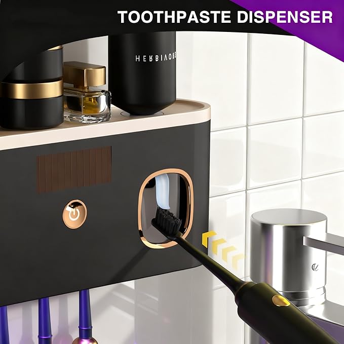 Toothbrush Holders for Bathrooms, Toothbrush Holder Wall Mounted with Toothpaste Dispenser, Rechargeable Cordless Wall Mounted Tooth Brushing Holder