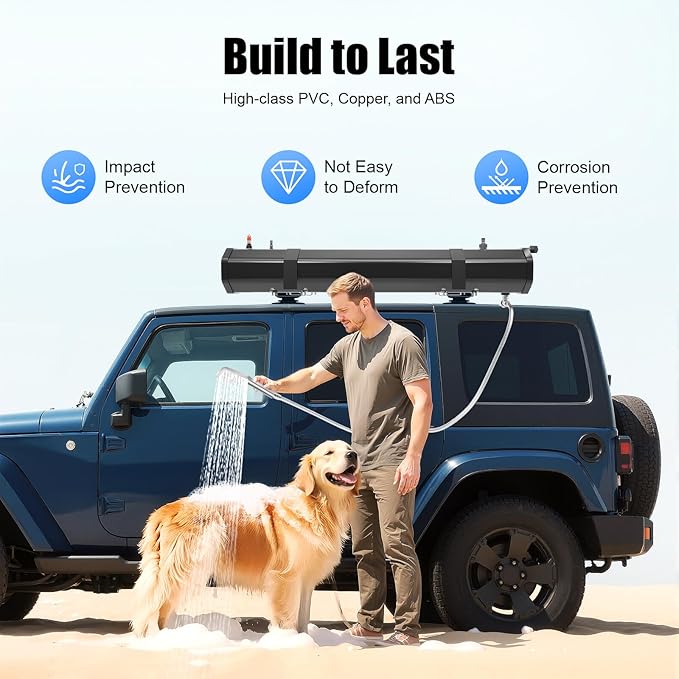 Portable Car Camping Shower, Pressurized Water Tank 7.93 Gallon Roof Rack Mount Road Shower Outdoor Roof Rack Water Tank with 5.58ft Water Hose & Shower Head for Trucks Off Road RV SUV