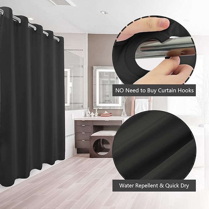 River Dream No Hook Hotel Cloth Black Shower Curtain Microfiber Waterproof - Soft Fabric Shower Curtain or Liner Washable, Black, 71x74
