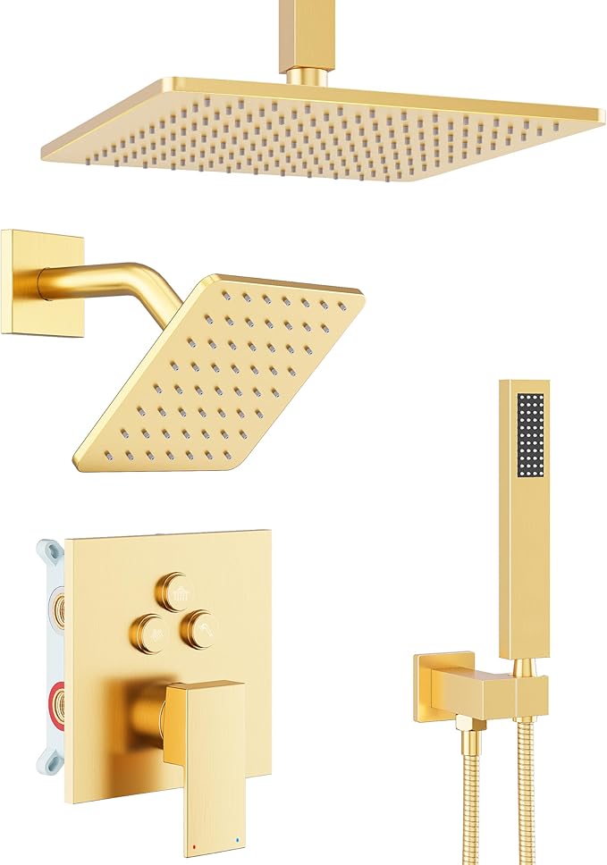Gold Shower Faucet Set, Brushed Gold Shower System, 10'' Ceiling Shower Head and 6'' Wall Mounted ShowerHead, Dual Gold Shower Head with Handheld Combo, 3 In 1 Push Button Shower Diverter Valve