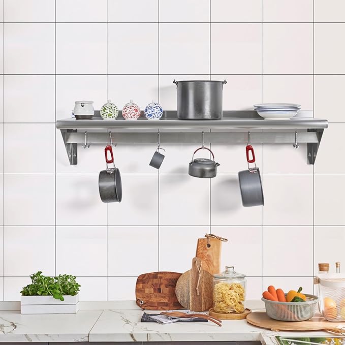 Hally Stainless Steel Shelf with 6 Hooks 18" x 48" Wall Mounted Pot Rack 400lb, NSF Commercial Floating Shelving for Storage Hanging Pots, Pans, cookware in Restaurant, Kitchen, Home and Hotel