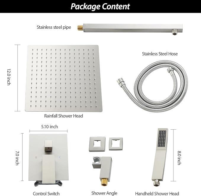 Lordear Rain Shower System 12 Inch Wall Mounted Shower Faucet Set, Brushed Nickel Stainless Steel Shower Head with Handle Set and Brass Valve Brushed Nickel 12" Shower Head