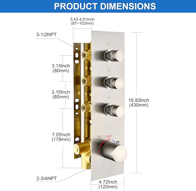 3 Way Shower Diverter Valve - Brushed Nickel, 3 Function Thermostatic Mixer Brass Valve with Individual On/Off Flow Control, Ideal for Shower Arm & Shower Kit