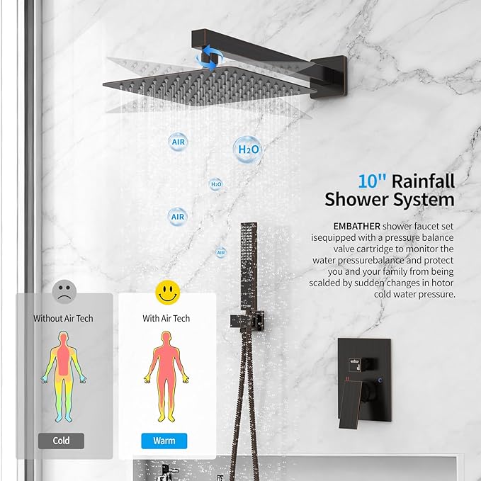 EMBATHER Oil Rubbed Bronze Shower System -10 Inches Shower Faucet Set with Square Rain Shower Head and Handheld High Pressure Shower Combo Set for Bathroom Wall Mounted (Contain Rough-in Valve & Trim)