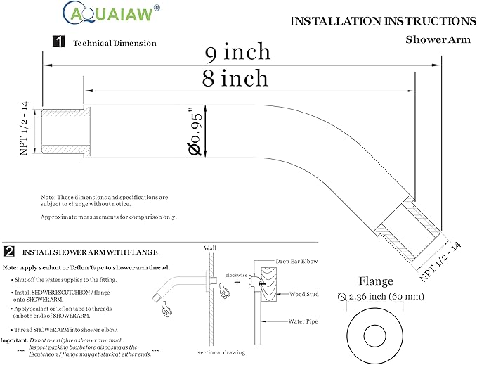 Aquaiaw Shower Arm and O-Ring Flange, 8 inch, Solid Brass, Round, Both Soldered 1/2 NPT Tapered Threads, Wall Mount Shower Arm Extension, Rain Shower Head Arm, PVD Brushed Brass (Matte Brushed Gold)