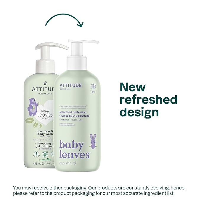 ATTITUDE 2-in-1 Shampoo and Body Wash for Baby, EWG Verified, Dermatologically Tested, Made with Naturally Derived Ingredients, Vegan, Sweet Apple, 16 Fl Oz