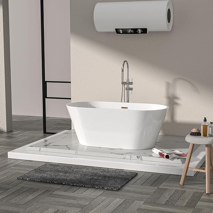 Logmey 59 In White Acrylic Freestanding Bathtub Oval Shape Soaking Tub with Gold Drain & Overflow Assembly for Classic and Modern Bathrooms