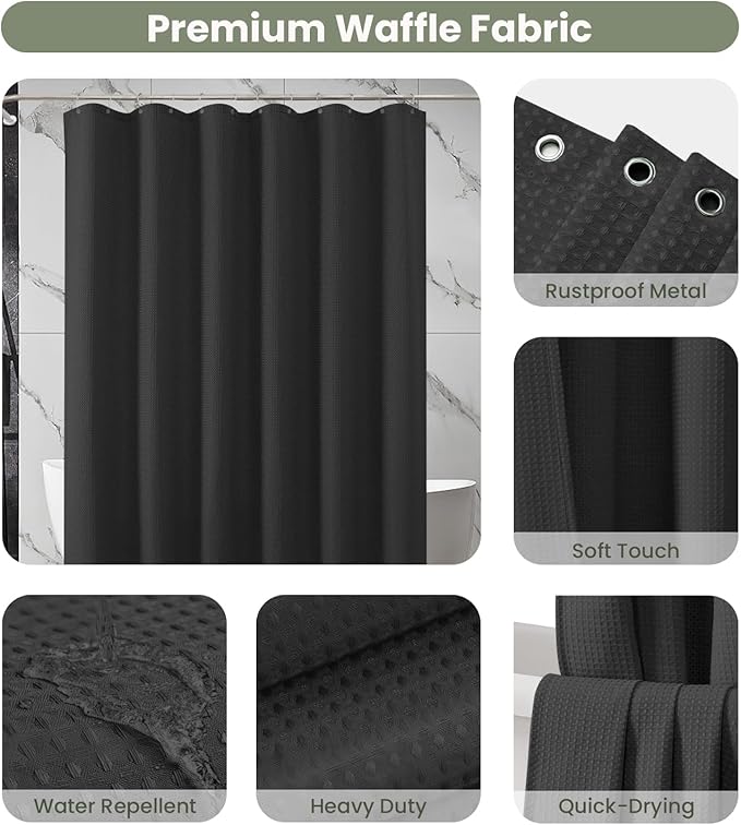 Inhousolu Fabric Shower Curtain Waffle Weave, 230 GSM Heavy Duty, Weighted Hem, 14 Metal Hooks, Water Repellent, Machine Washable, Hotel Spa Luxury Bath Curtain Set, 72 x 72 Inch, Black