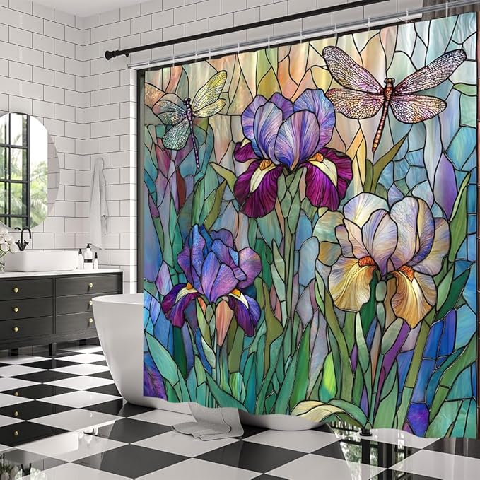 Stained Glass Shower Curtain Artistic Iris Dragonfly Purple Floral Green Leaves Abstract Nature Plant Spring Summer Modern Botanical Fabric Bathroom Decor Curtains with Hooks,80 x 70