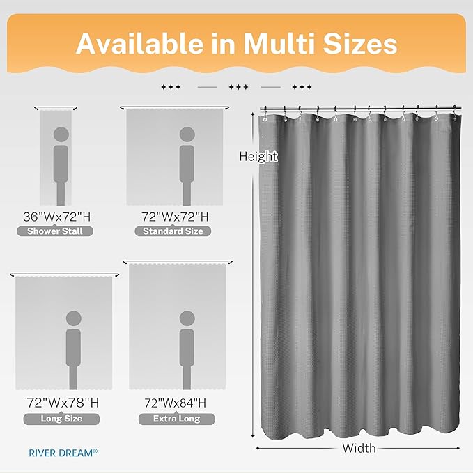 River Dream 3 in 1 Shower Curtain Set, Waffle Fabric Shower Curtain and Waterproof Clear Liner Set with Double Sided Metal Hooks, Grey, 72" W*78" H