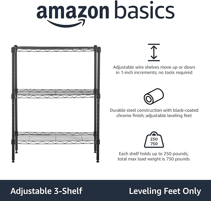 Amazon Basics 3-Shelf Adjustable Heavy Duty Steel Wire Rack Storage Shelving Organizer for Kitchen, Garage, 23.2" L x 13.4" W x 30" H, Black
