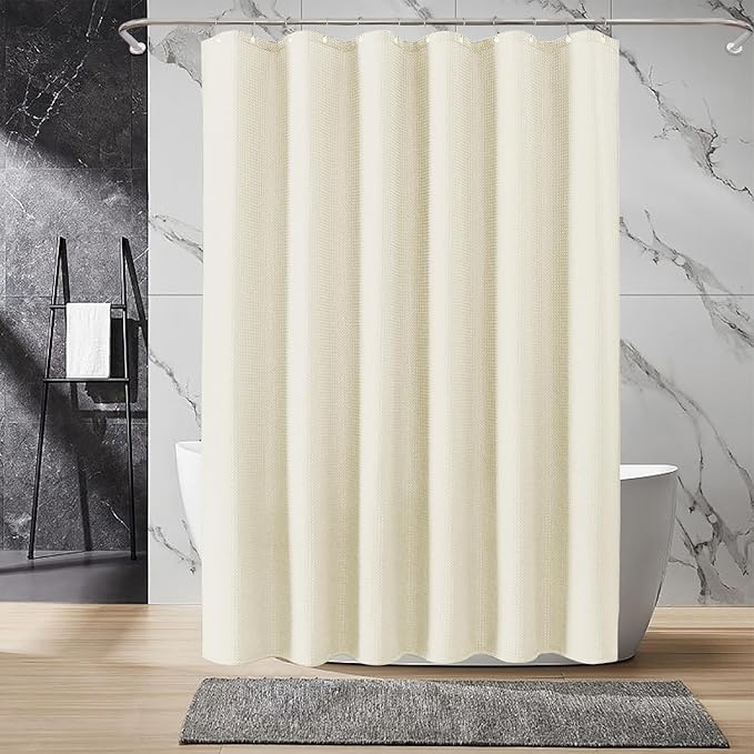 Inhousolu Fabric Shower Curtain Waffle Weave, 230 GSM Heavy Duty, Weighted Hem, 14 Metal Hooks, Water Repellent, Machine Washable, Hotel Spa Luxury Bath Curtain Set, 72 x 72 Inch, Ivory