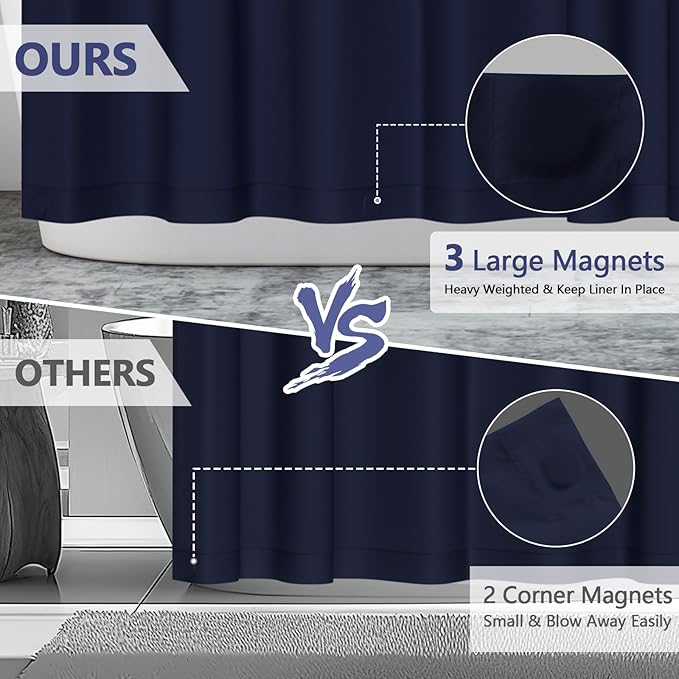 Navy Blue Fabric Shower Curtain Liner with 3 Large Magnets, 72 x 84 inch Extra Long Waterproof Cloth Shower Liner, Bathroom Dark Blue Tall Shower Curtain Machine Washable
