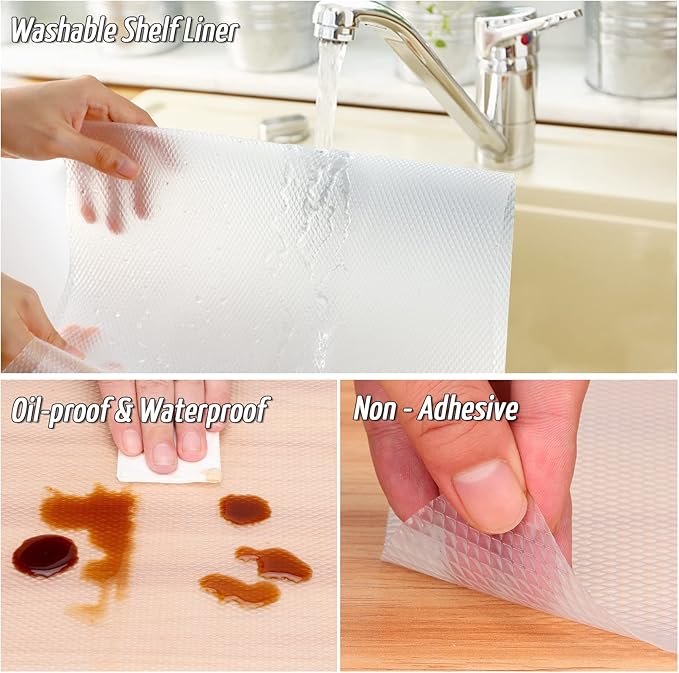 Anoak Shelf Liner Non-Slip Drawer Liner for Kitchen, Non Adhesive Cabinet Liner 12 Inch x 15 FT(180 Inch) Waterproof Refrigerator Liners for Kitchen Drawer, Bathroom Shelves Diamond Pattern Clear