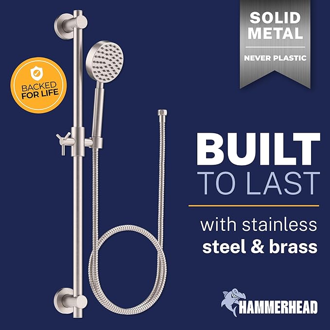 HammerHead Showers® Solid Metal 27.5 Inch Shower Slide Bar Set and Handheld Shower Head with Hose — BRUSHED NICKEL — 2.5 GPM High Pressure Spray Wand — Easily Adjust Height & Angle of Handshower