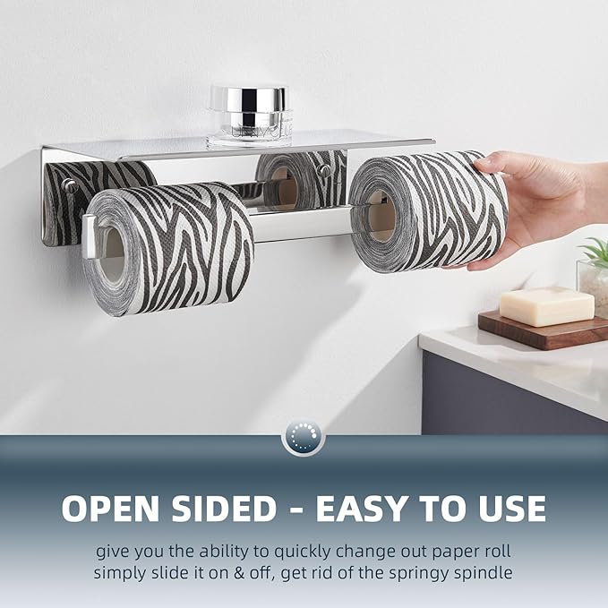 Angle Simple Double Toilet Paper Holder with Shelf Polished Chrome, 304 Stainless Steel Toilet Tissue Roll Holder Wall Mount