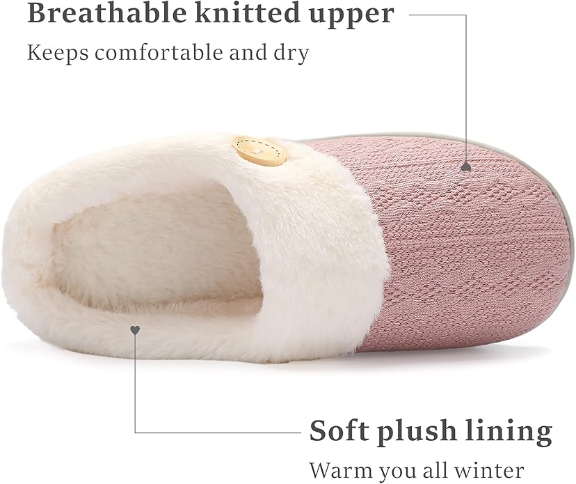 Chantomoo Womens Slipper Warm Comfy Memory Foam House Slippers Knitted Shoes Faux Fur Lined Anti-Skid Rubber Sole Bedroom Cozy Indoor Outdoor Slippers