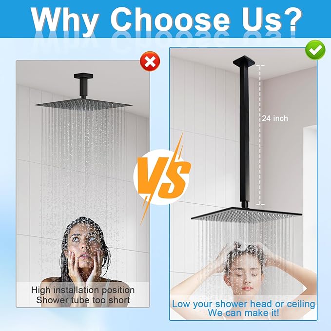 Shower Arm with Flange 24 Inches Ceiling Mount Square Straight Extender Extension Pipe Replacement, Extra Long Shower Arm For Fixed Rain Shower Head or High Ceiling, Matte Black