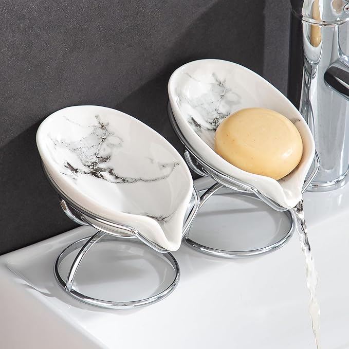 Leaf-Shaped Soap Dish – Ceramic Soap Bar Holder with Self-Drainage System – Bar Soap Holder for Shower, Bathroom Sink, Kitchen – Soap Dish with Stainless Steel Stand (White-Sliver-2 Pack)