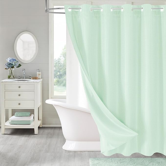 MitoVilla Green Long Shower Curtain Liner Set 72 x 80, No Hooks Needed 80 inch Long Heavyweight Waffle Fabric Shower Curtain Set with Snap-in Liner for Hotel Grade Spa-Like Bathroom Decor, Mint Green