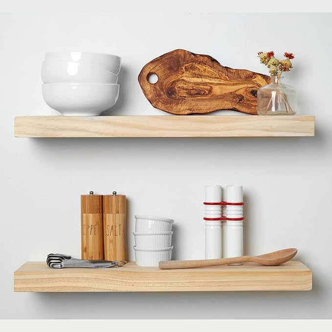 Homeforia 24 inch Natural Floating Shelf, High End Solid Real Wood 24inch Small Floating Shelves for Wall Mounted, Natural Wooden Floating Shelves, Heavy Duty Bracket, 24 X 6.5 X 1.75 in, Set of 4