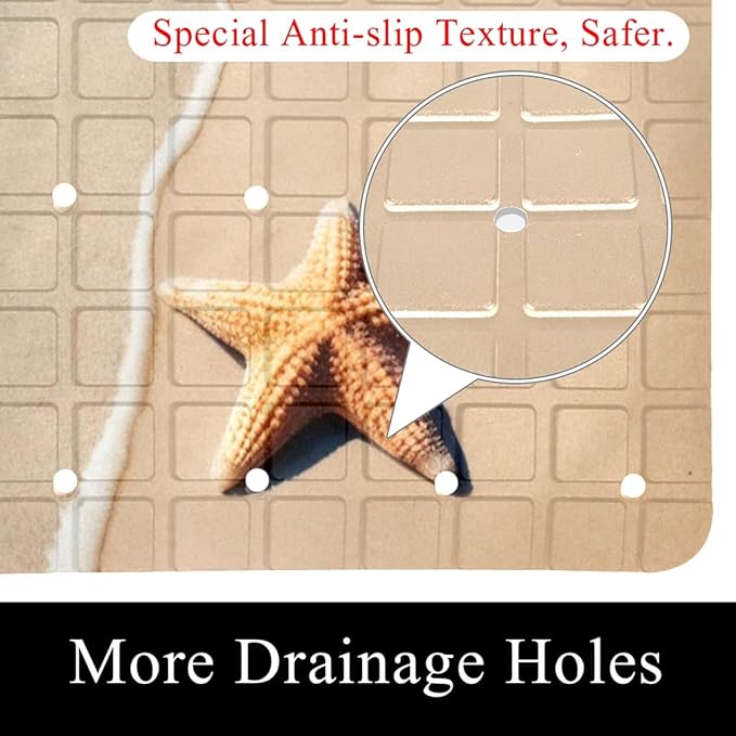 Bathtub Mats for Shower Tub, Anti-Slip Bath Mats for Inside Tub, Bathroom Shower Mats with Drain Holes and Suction Cups (Beach Starfish Seashells Turquoise Water)