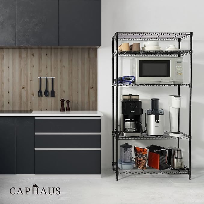 CAPHAUS NSF Adjustable Height Wire Shelving Unit w/Liner, 5-Tier Metal Steel Storage Shelf for Basement, Garage, Utility Organizer, No Wheels, Black