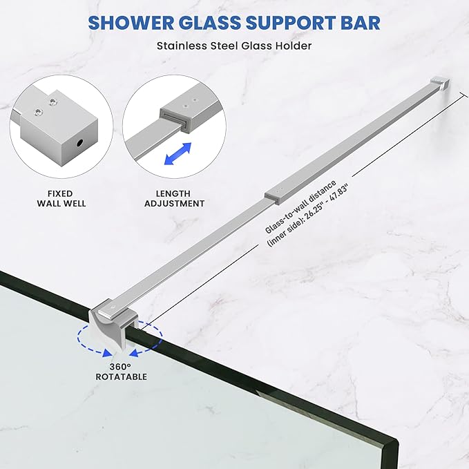 Shower Door Glass Support Bar, 26.96" to 48.54" Adjustable Stainless Steel Wall-to-Glass Shower Stabilizer Rod for 1/4", 5/16", 3/8", Chrome