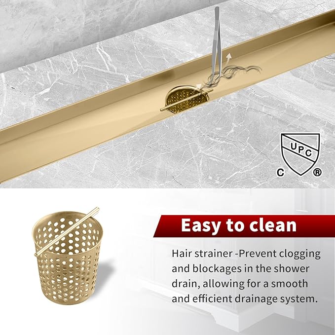 Sharp-tec Linear Shower Drain, 28inch Shower Drain with Removable Pattern Cover, Brushed Gold 304 Stainless Steel Rectangle Floor Drain, Adjustable Feet and Hair Strainer Included (Model 101)