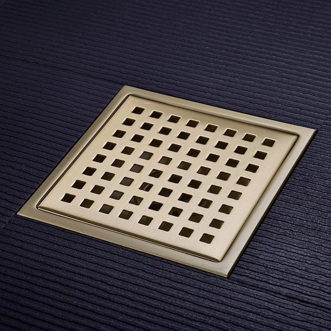 6 Inch Square Shower Drain with Adjustable Shower Drain Base Flange, SUS 304 Stainless Steel Floor Drain with Removable Cover Grid Grate, Brushed Gold Brass Finished