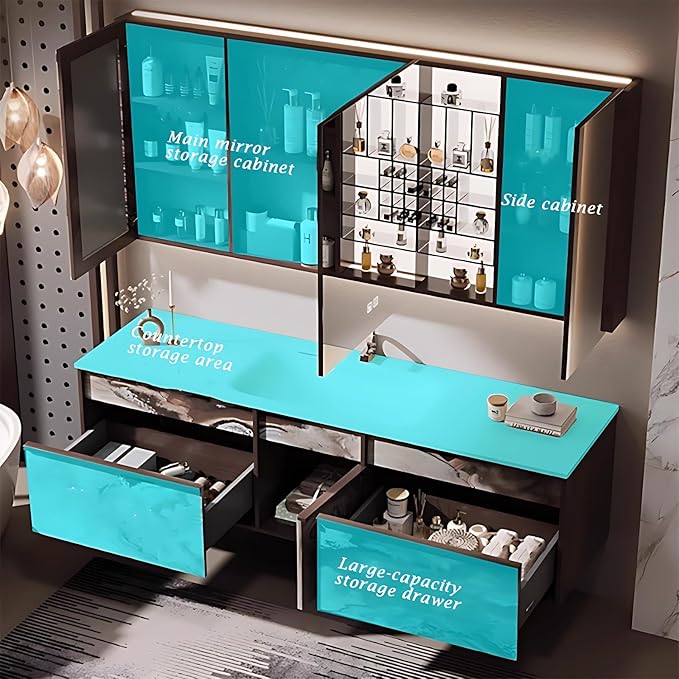 56IN Modern Bathroom Vanity with Sink - Bathroom Vanity with 2 Drawer Organizer, LED Mirror Lights & Defogging Function | Wall - Mounted Vanity with Silver Sink Faucet