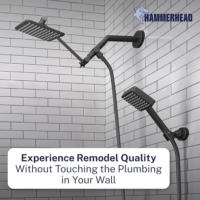 HammerHead® Solid Metal Dual Shower Head Combo — 8" Square Rain Shower Head with Handheld, 12" Adjustable Arm & Wall-Mount Holder for Flexible Installation — Matte Black
