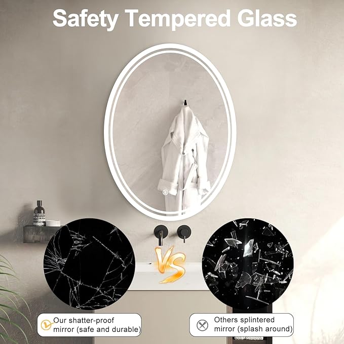 28 x 20 inch Oval LED Bathroom Mirror Anti-Fog 3 Colors Light Dimmable Wall Mounted Lighted Bathroom Vanity Mirror Memory Makeup Mirror Touch Switch