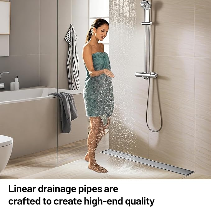 Linear Shower Drain, 304 Stainless Steel with Adjustable Leveling Feet, Hair Strainer,Reversely Install Place to Create an Invisible Floor Drain - Silver -48-Inch