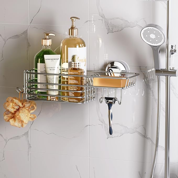 LEVERLOC Shower Caddy Suction Cup, Shelves for Inside with Hooks & Soap Holder Toothbrush Holder, NO-Drilling Bathroom Organizer, Rustproof Holder Storage, Silver