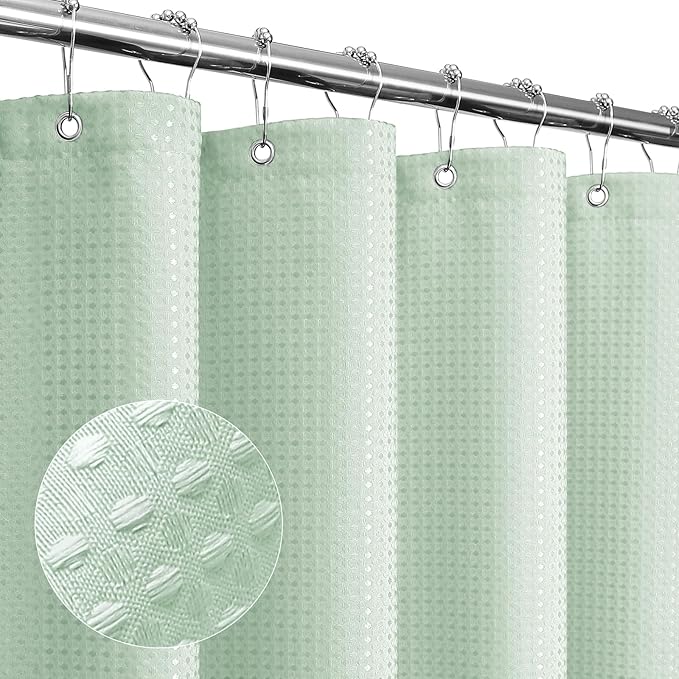 Gibelle Long Shower Curtain 72 x 78, Tall Waffle Weave Textured Fabric Shower Curtain for Bathroom, Water Repellent, Machine Washable, Mint Green