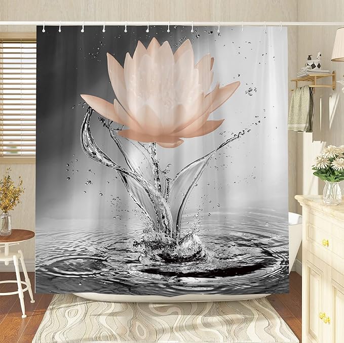 Lotus Shower Curtain Black White Grey Orange Flower Elegant Blooming Floral with Dew Spring Flower Reflection on Water Modern Romantic Polyester Fabric Bathroom Decor 70×96 Inch with Hook