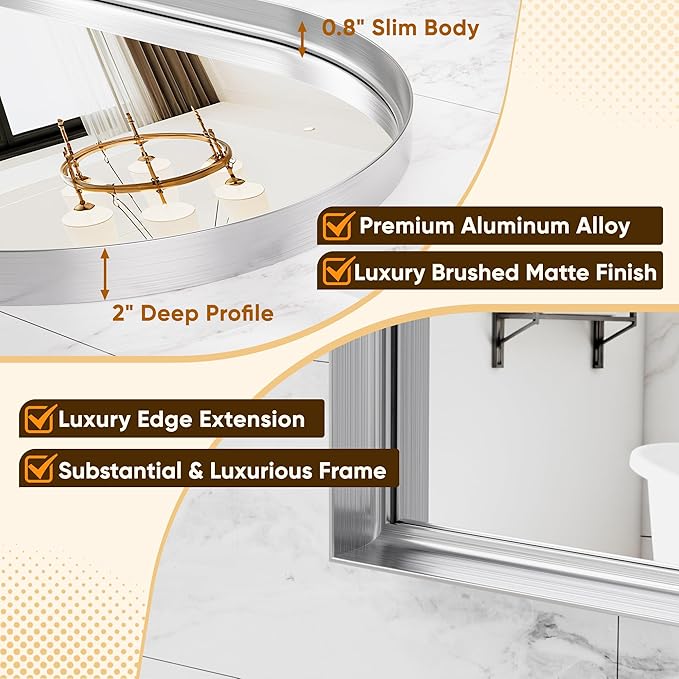 Arched Mirror 24"x36", Bathroom Mirror, Wall Mounted Vanity Mirror with Arch Metal Frame for Bathroom, Over Sink, Bedroom, Living Room, Deep Frame, Silver