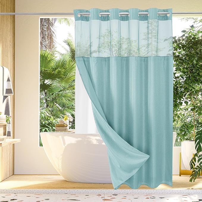 Gibelle No Hook Waffle Weave Shower Curtain with Snap-in Fabric Liner Set for Bathroom, Hotel Style with Mesh Top Window, Waterproof & Washable, Teal, 72x74