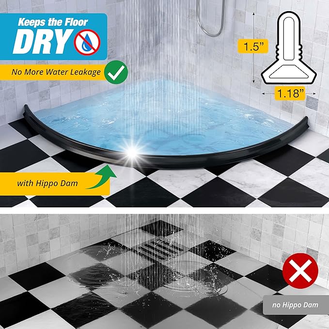 Shower Threshold Water Dam Barrier 67" - Black Collapsible Shower Water Blocker - Shower Guard for Walk in Shower - Water Guard Stopper for Floor - Shower Dam - 1.5" Tall - By Hippo Dam