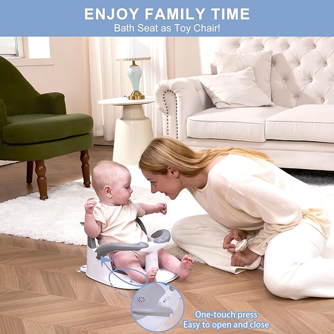 Baby Bath seat for Babies 6 Months & up, 360° Stable Toddler Bath Chair with one-Touch Button, Back Hollow Design, Water Temperature Card & 4 Suction Cups for Safety (Gray)