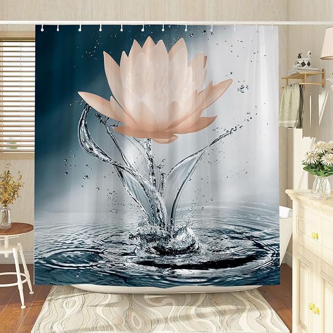 Lotus Shower Curtain Black White Blue Orange Flower Elegant Blooming Floral with Dew Spring Flower Reflection on Water Modern Romantic Polyester Fabric Bathroom Decor 70×78 Inch with Hook