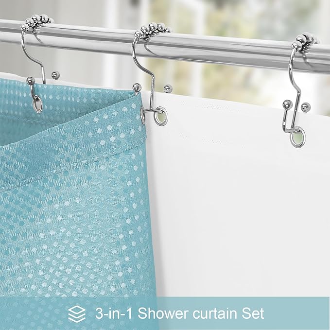 3 in 1 Stall Half Size Shower Curtain Set-36 W x 72 H, Teal Blue Waffle Waterproof Fabric and PEVA Liner Set with Stainless Steel Hooks